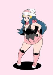 1girls alternate_breast_size blue_eyes blue_hair breasts cleavage dawn_(pokemon) female female_only hi_res kneehighs koutarosu large_breasts nintendo pokemon pokemon_dppt shadow skirt solo thighs