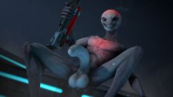 1boy 3d alien alien_only casual classic_alien dick erection firearm grey_alien grey_skin gun humanoid humanoid_penis looking_at_another male male_only mrdr nude sectoid weapon wearing_condom x-com xcom_2