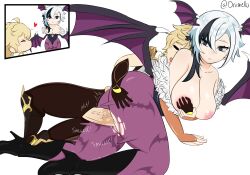 1boy 1girls absurdres aether_(genshin_impact) arlecchino_(genshin_impact) ass bad_source big_breasts blonde_hair breasts clothed_sex clothing cosplay crossover crossover_cosplay darkstalkers female genshin_impact highres huge_ass huge_thighs large_breasts large_penis morrigan_aensland morrigan_aensland_(cosplay) oriimello penis ripped_clothing ripped_pantyhose sex straight torn_clothes torn_pantyhose vaginal_penetration white_hair wings