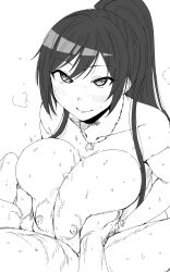 1boy 1girls absurdres alternate_breast_size asian asian_female big_breasts blush breast_squeeze breasts closed_mouth cum cum_between_breasts cum_on_body cum_on_breasts ejaculation_between_breasts engulfing_paizuri eyebrows_visible_through_hair female greyscale hair_between_eyes highres huge_breasts idolmaster idolmaster_shiny_colors jewelry kaiman_garupan large_breasts long_hair monochrome necklace nipples nude nude_female paizuri paizuri_on_lap ponytail shirase_sakuya sidelocks simple_background smile solo_focus straight sweat topless upper_body white_background