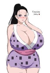 big_breasts black_hair blush cleavage curvaceous curvy demon_slayer enormous_breasts female female_only hinatsuru_(kimetsu_no_yaiba) huge_breasts japanese_clothes kimetsu_no_yaiba long_hair massive_breasts momiji_(artist) ponytail short_dress smile solo venus_body voluptuous wide_hips