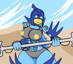 1girls big_breasts bionicle blue_eyes blue_hair breasts desert female female female female_focus female_only kiina lego looking_at_viewer nipples smile vagina weapon zaftero_(artist)