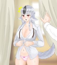 1girls alternate_breast_size ass_visible_through_thighs bare_thighs big_breasts breasts cat_neko_cat1 changing_clothes cleavage female female_focus fire_emblem fire_emblem_fates frown grey_hair large_breasts looking_at_viewer nintendo open_mouth panties pink_panties pointy_ears pov red_eyes shirt shocked solo_focus sweat tail thighs undressing velouria_(fire_emblem) walk-in wolf_girl