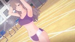 1girls 3d brown_eyes brown_hair cameltoe crimsonfan exercise_clothing female female_only fire_emblem fire_emblem_awakening gym indoors koikatsu more_at_source nintendo purple_clothing sports_bra sumia_(fire_emblem) sweat track_and_field