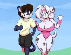 1boy 1girls 2017 accessory adrien_maltoan anthro bedroom_eyes big_breasts big_bulge black_body black_fur black_spots black_stripes blue_body blue_eyes blue_fur blue_hair breasts brown_hair bulge canid canine canis cleavage clothed clothing curvaceous curvy curvy_body curvy_female curvy_figure dal_(joelasko) dalmatian digital_media_(artwork) domestic_cat domestic_dog duo erection erection_under_clothing eyelashes felid female fingers flirting fur green_eyes headband huge_breasts joelasko leotard long_tail male mammal multicolored_body multicolored_fur pantherine running seductive short_hair short_tail sky smile spots spotted_body spotted_fur striped_body striped_fur stripes sweatband thick_thighs tiger two_tone_body two_tone_fur voluptuous white_body white_fur white_hair wide_hips wristband