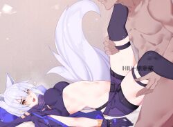 1boy animal_ears arched_back arknights bangs black_legwear blush breasts brown_background completely_nude crop_top eyebrows_visible_through_hair female from_side gloves grey_hair highres hood hood_down large_breasts large_tail legs_up long_hair looking_at_viewer looking_to_the_side lying missionary nami_qi navel nude on_back open_mouth orange_eyes provence_(arknights) purple_gloves purple_shorts sex short_shorts shorts simple_background skindentation solo_focus straight tail thigh_grab thigh_strap thighhighs wolf_ears wolf_girl wolf_tail