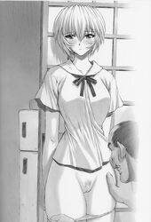 blush clothes clothing female highres human male mogudan monochrome neon_genesis_evangelion panties panty_pull pubic_hair rei_ayanami scan school_uniform straight straight_hair uncensored underwear