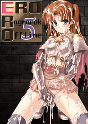 armor blue_eyes brown_hair bukkake cum cum_on_clothes cum_on_hair gauntlets long_hair lord_knight midriff ragnarok_online solo tears thighhighs torn_clothes