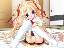 :d bed blonde_hair blue_eyes blush censored game_cg hair_ribbon head_tilt long_hair munekyun!_heart_de_koi_shi-te-ru no_panties open_mouth ozawa_akifumi pillow pleated_skirt pussy ribbon sitting skirt smile solo striped thighhighs tied_hair twintails very_long_hair white_legwear