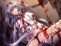 beige_skin bleeding blood blood_on_face blood_stain bloody_clothes brown_eyes castle_fantasia castle_fantasia_3 clothes color eyes female first_porn_of_franchise game_cg gore guro hair long_hair messy open_eyes shadow skin stained_clothes studio_ego tellur_courier torn_clothes yamamoto_kazue