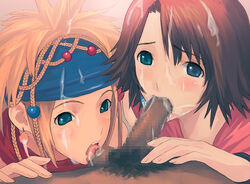 2girls ball_caress blonde_hair blue_eyes brown_hair caressing_testicles censored collaborative_fellatio cum cum_in_mouth cum_on_hair dark-skinned_male dark_penis dark_skin facial fellatio female final_fantasy final_fantasy_x final_fantasy_x-2 group_sex human interracial licking male multiple_fellatio multiple_females oral penis pov quadrastate rikku sex straight teamwork testicle_licking threesome tongue yuna