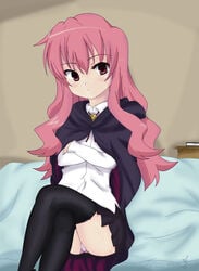 black blush cape clothing female legwear long_hair louise_francoise_le_blanc_de_la_valliere open_mouth panties pink_eyes pink_hair sitting skirt solo stockings zero_no_tsukaima