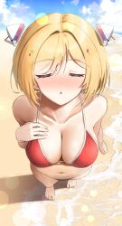 absurdres aki_rosenthal barefoot beach bikini blonde_hair blush bob_cut breasts cleavage closed_eyes cloud collarbone female foreshortening halterneck headgear highres hololive hololive_gen_1 hololive_japan incoming_kiss large_breasts light_particles navel pov_kiss puckered_lips red_bikini skindentation solo swimsuit twin_(tt_lsh) virtual_youtuber