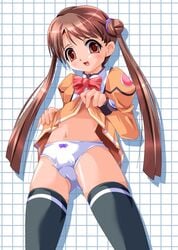 blouse blush bow bow_panties bowtie brown_eyes brown_hair double_bun jacket katase_shima ktman labia lingerie long_hair miniskirt panties pleated_skirt pussy school_uniform serafuku skirt skirt_lift solo standing thighhighs tied_hair twintails uchuu_no_stellvia underwear white_panties