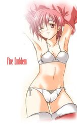 bra cameltoe character_name est_(fire_emblem) female fire_emblem fire_emblem:_mystery_of_the_emblem fire_emblem:_shadow_dragon_and_the_blade_of_light headband lingerie panties red_eyes red_hair short_hair side-tie_panties solo thighhighs title_drop underwear undressing white_bra white_panties wink