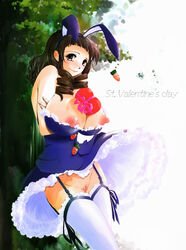 animal_ears anns_garden between_breasts blush breasts brown_eyes brown_hair bunny_ears female heart long_hair looking_at_viewer nipples object_between_breasts outdoors pussy pussy_juice smile solo thighhighs uncensored valentine