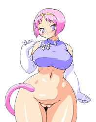 blush breasts chubby elbow_gloves gloves hips large_breasts long_gloves maruke pink_hair purple_eyes pussy short_hair soft tail thick_thighs uncensored wide_hips