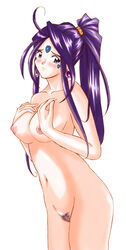 1girls artist_request blush breasts censored earrings facial_mark female forehead_mark goddess jewelry long_hair nipples nude oh_my_goddess! pale-skinned_female pale_skin pubic_hair purple_hair single_braid skuld small_breasts solo standing