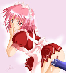 bent_over censored clothing female human_female ichigo_momomiya insertion maid no_panties pink_eyes pink_hair short_hair solo tokyo_mew_mew vaginal_penetration waitress