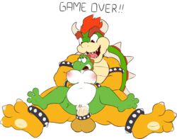 1boy 1girls 3_toes absurd_res anthro_only balls bowser breasts cock_ring couple_(disambiguation) cum cum_in_pussy cum_inflation cum_inside cumdrip death_by_snoo_snoo female full_body game_over gameplay_mechanics haiku_oezu hi_res hindpaw inflation looking_at_another male mario_(series) nintendo nipples nude on_top paws penetration penis pussy reverse_cowgirl_position sex shocked simple_background sitting size_difference soles spiked_cock_ring spiked_collar stomach_bulge super_mario_bros. text toes vaginal_penetration video_games white_background yoshi