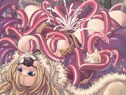 ball_gag black_ball_gag blonde_hair blue_eyes blush bondage breasts bukkake clothes cum gag gagged hair nipples open_clothes ragnarok_online rape spread_legs tentacle tentacle_sex uncensored whiffle_ball xration