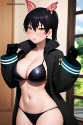 1girls ai_generated big_breasts bikini_bottom bikini_top black_coat black_gloves black_hair blush bra breasts cleavage coat curvaceous curvy curvy_figure detailed ear embarrassed enen_no_shouboutai female female_only fire_ears fire_force front_view gloves hands-free hands_up hi_res illumaru indoors inside kotatsu_tamaki light-skinned_female light_skin looking_at_viewer medium_breasts navel orange_eyes panties photoshop short_hair slim_waist solo stable_diffusion twintails underwear voluptuous white_skin yellow_eyes