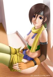 beige_skin breasts brown_hair closed_mouth clothes color day disney female female_only final_fantasy final_fantasy_vii fingerless_gloves gloves hair headband highres human indoors kingdom_hearts looking_at_viewer looking_left navel nipples open_eyes raku_soukutsu round_ears scarf short_hair shorts side_view sitting smile smooth_skin solo square_enix undressing yuffie_kisaragi