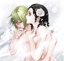 2girls asellus beige_skin black_hair breasts closed_eyes cold_setting color female flower green_hair hair hair_flower multiple_girls nude open_eyes outdoors princess_white_rose round_ears rule_63 saga_(series) saga_frontier short_hair snow