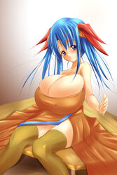 bare_shoulders blue_hair breasts bursting_breasts cleavage dress fct huge_breasts rocbouquet romancing_saga romancing_saga_2 saga sitting table thighhighs