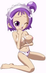 1girls breasts cum female human large_breasts light-skinned_female light_skin nipples ojamajo_doremi onpu_segawa purple_eyes purple_hair short_hair simple_background solo tagme white_background