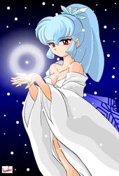 1girls 80s blue_hair breasts female ice kimono large_breasts light-skinned_female light_skin long_hair oyuki ponytail princess snow solo standing urusei_yatsura yuki_onna