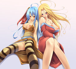 2girls blonde_hair blue_hair blush breasts byunei fct female female_only huge_breasts japanese_clothes kimono large_breasts long_hair multiple_girls nipples purple_eyes red_eyes rocbouquet romancing_saga romancing_saga_2 romancing_saga_3 saga striped_legwear striped_thighhighs thighhighs