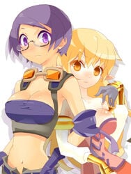 2girls blonde_hair breasts cleavage corset esper_(saga_2) esper_girl eyelashes glasses goggles human human_(saga_2) multiple_girls navel pointy_ears purple_eyes purple_hair saga saga_2 short_hair uni_(gugurutan)