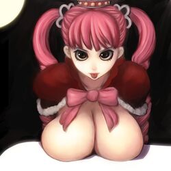 1girls :p bow breast_rest breasts brown_eyes crown drill_hair female female_only large_breasts one_piece perona pink_hair pitbull_(artist) pixiv_thumbnail solo tied_hair tongue twintails