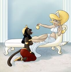 2girls aladdin anthro apple_of_discord black_fur cartoon_network cat crossover disney eris_(billy_and_mandy) female female_only goddess golden_apple holding_object kneeling lipstick mirage_(aladdin) multiple_girls nail_polish nipples pale_skin tagme the_grim_adventures_of_billy_and_mandy