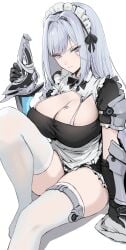 black_panties blue_eyes breast_tattoo breasts cleavage elbow_gloves ethel_(xenoblade) haoni large_breasts long_hair maid maid_apron maid_headdress maid_outfit maid_uniform nintendo silver_hair thick_thighs thighhighs thighs very_long_hair white_legwear xenoblade_(series) xenoblade_chronicles_3