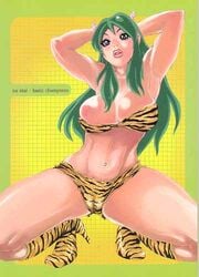 1girls 2001 bikini boots female green_hair hiroyoshi_kira horns humanoid large_breasts light-skinned_female light_skin long_hair looking_at_viewer lum oni pointy_ears princess solo tagme tiger_print urusei_yatsura