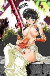 1girls 2002 black_hair blush breasts censored codama female humanoid large_breasts light-skinned_female light_skin lupica nipples pointy_ears princess pussy short_hair sitting solo tagme urusei_yatsura weapon