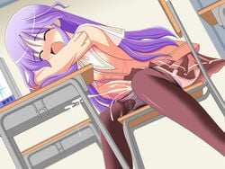 classroom closed_eyes cum desk ejaculation h-kyuu_yuugekitai happiness happiness! jun_watarase long_hair masturbation moan moaning open_mouth panties panty_pull pantyhose pantyhose_pull penis purple_hair school_uniform skirt solo trap underwear watarase_jun