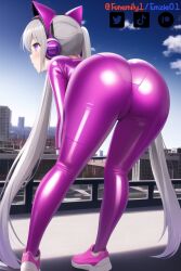 ai_generated alice_(nikke) ass bent_over city funemily1 goddess_of_victory:_nikke headphones latex nai_diffusion pink_eyes pink_latex shoes stable_diffusion twintails watermark