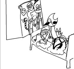 6+boys bed benson cartoon_network caught full_body ghost greyscale high_five_ghost indoors jay_(bird) lying male_only monochrome mordecai new_world_jay on_back pops pops_maellard raccoon_humanoid regular_show rigby skips