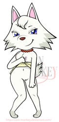 animal_crossing anthro blue_eyes bottomless breasts corn_monkey female female_only looking_at_viewer necklace nintendo nipples pussy shirt_lift simple_background small_breasts smile solo tail uncensored white_fur whitney_(animal_crossing) wolf