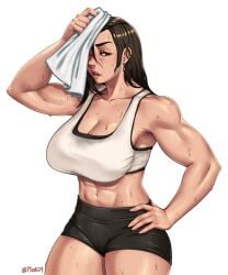 abs big_breasts bike_shorts crop_top final_fantasy final_fantasy_vii mootium muscles muscular muscular_female sweat thick_thighs tifa_lockhart towel towel_on_head