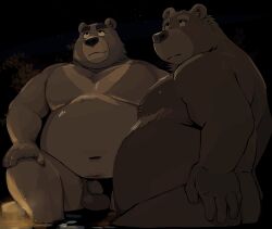 2022 absurd_res anthro ass balls belly big_belly duo genitals hi_res humanoid_hands kemono leoponleopon male male/male mammal navel night outside overweight overweight_male sitting ursid water