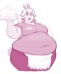 big_belly big_breasts fat_rolls gelatingent huge_belly lipstick looking_at_viewer mario_(series) nintendo overweight overweight_female princess_peach sketch tight_fit twintails waitress