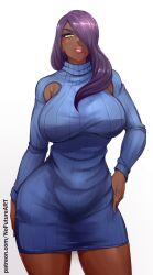 1girls bbw big_breasts breasts curvy dark-skinned_female dark_skin dress elf-san_wa_yaserarenai eure female female_only gorgon hair_over_one_eye hi_res humanoid long_hair looking_at_viewer mole mole_under_mouth narrowed_eyes nofuture pink_lipstick purple_hair solo solo_female thick_thighs white_background wide_hips yellow_eyes