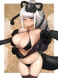 animal animal_on_head bangs bikini bikini_under_clothes black_bikini black_swimsuit blush breasts cleavage closed_mouth covered_erect_nipples eyebrows_visible_through_hair female fur-trimmed_sleeves fur_trim furry genbu_(kemono_friends) gloves grey_eyes grey_hair highres kemono_friends large_breasts light_smile long_hair long_sleeves looking_at_viewer microphone multicolored_hair no_pants o-ring o-ring_bikini o-ring_top on_head one_eye_closed red_eyes shibori_kasu shiny shiny_skin snake sweat swimsuit tail thighhighs tsurime turtle two-tone_hair undressing very_long_hair white_hair