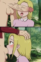 1boy 1girls ahe_gao ban_(nanatsu_no_taizai) blonde_hair blowjob blush deepthroat elaine_(nanatsu_no_taizai) fellatio hand_on_head highres nanatsu_no_taizai penis_on_face tanaka723 the_seven_deadly_sins tongue_out