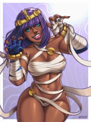 blue_eyes blunt_bangs bob_cut capcom dark-skinned_female dark_skin egyptian female female_only gold_(metal) gold_jewelry headdress human lipstick menat middle_eastern_female middle_finger mootium mummy mummy_wrappings open_mouth purple_background purple_hair purple_lipstick rawr smiling smiling_at_viewer solo street_fighter street_fighter_v