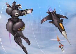 aeromorph aircraft big_breasts big_nipples flying glasses living_aircraft living_machine looking_at_viewer mrxrayfire rocket sharp_teeth sky su-47 thick_thighs thunder_thighs tongue_out